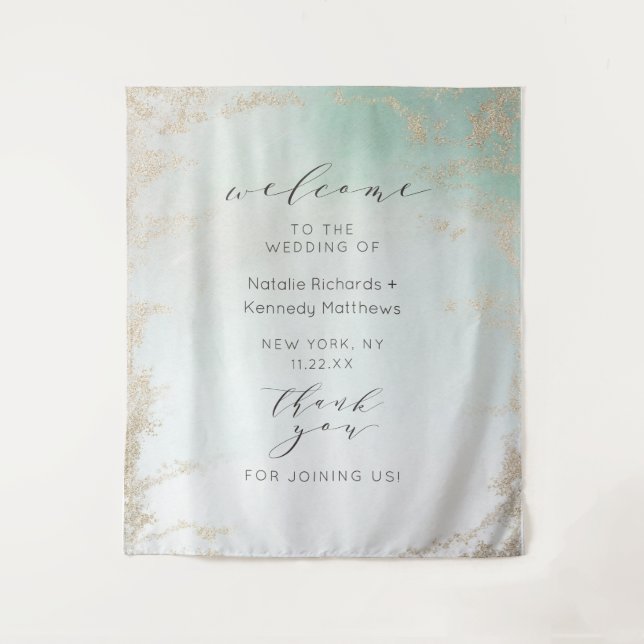 Abstract Aqua Ombre Fade with Frosted Gold Glitter Tapestry (Front)