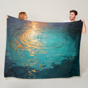 Abstract Aqua Waves with Golden Sunlight Fleece Blanket