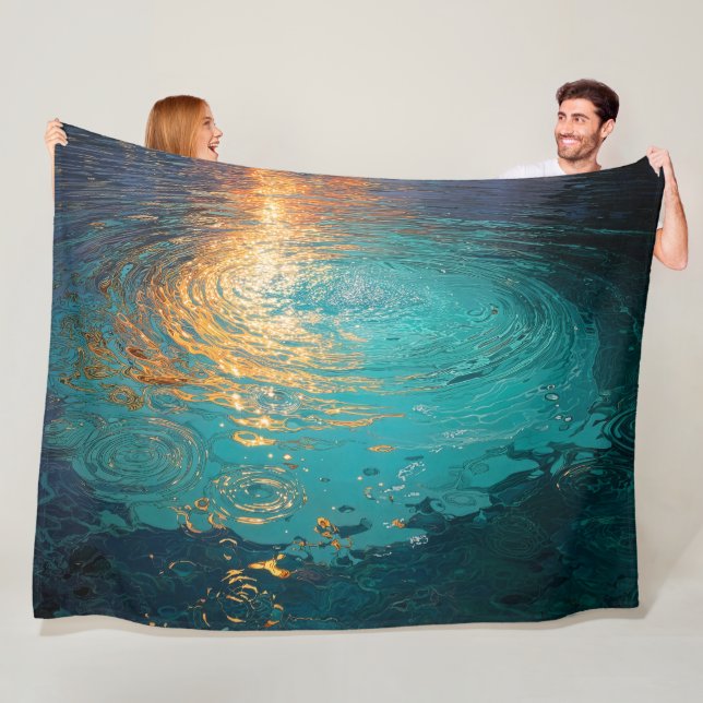 Abstract Aqua Waves with Golden Sunlight Fleece Blanket (In Situ)