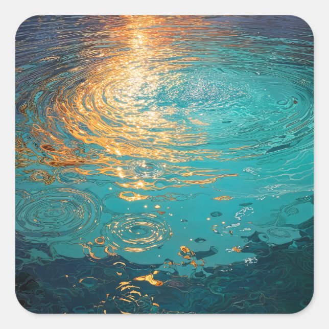 Abstract Aqua Waves with Golden Sunlight Square Sticker (Front)