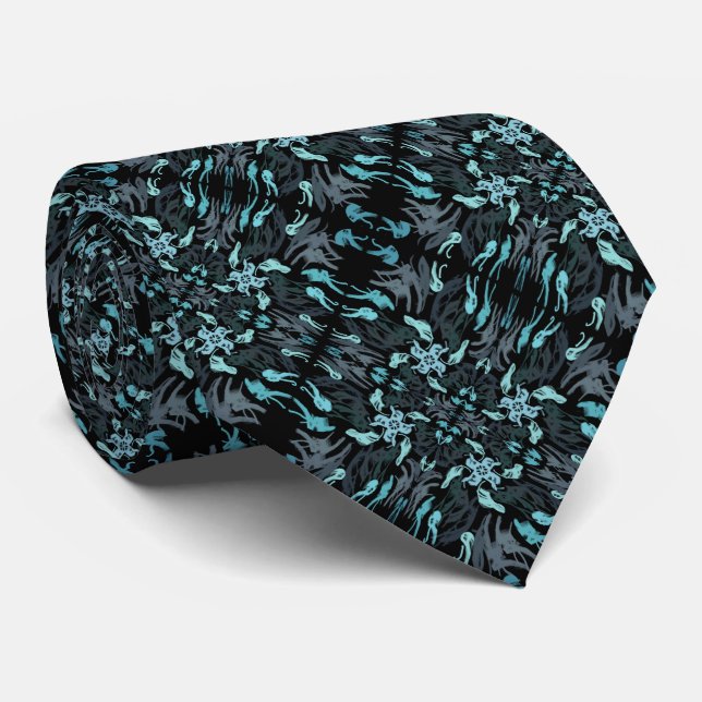 Abstract Aquatic Shaded Repeat Pattern On Black Tie (Rolled)