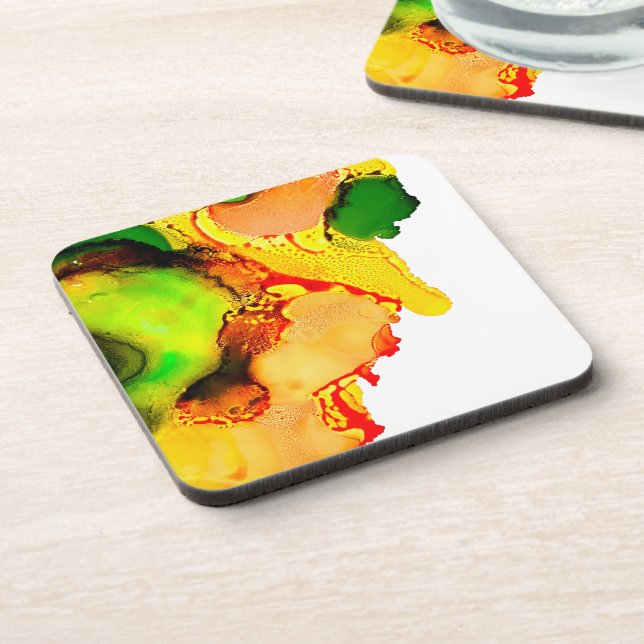 Abstract art alcohol ink yellow green coaster (Left Side)