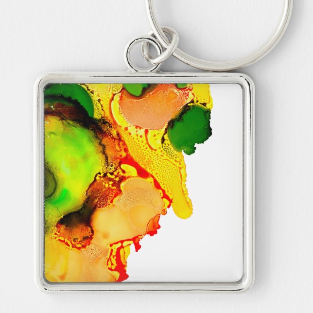 Abstract art alcohol ink yellow green key ring (Front)