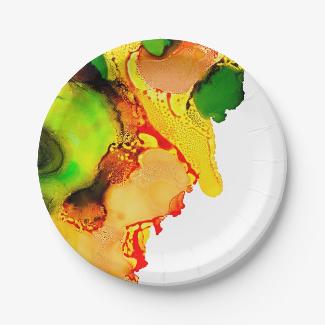 Abstract art alcohol ink yellow green paper plate (Front)