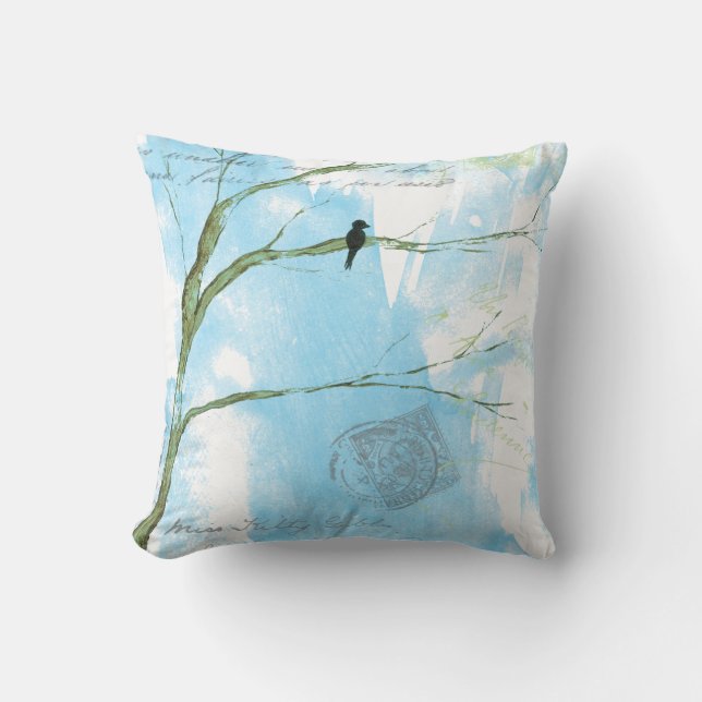 Abstract Art Black Bird Tree Postmarks Text Cushion (Front)