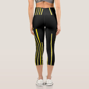 Abstract Art Black White Yellow Lines Minimalism Capri Leggings