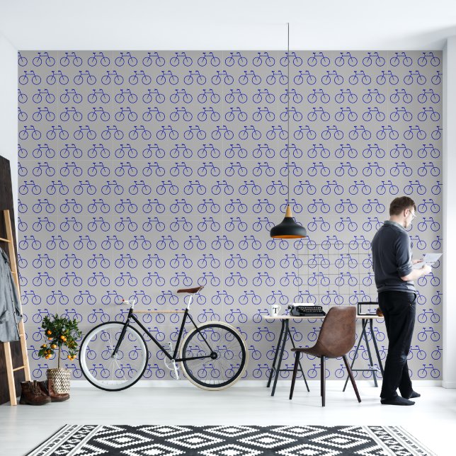 Abstract Art Blue Bicycle Grey Medium Pattern Wallpaper (Living Room)