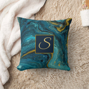 Abstract Art Blue Green Gold Dust Marble Cushion