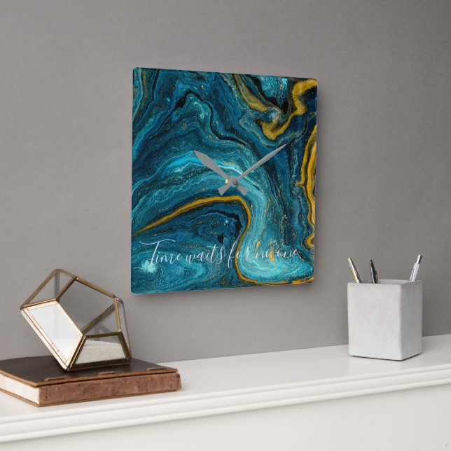Abstract Art Blue Green Gold Marble Square Wall Clock (Office)