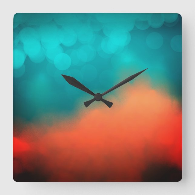 Abstract Art Blue Teal Turquoise Orange Square Wall Clock (Front)