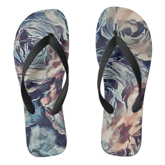 Abstract art brush textured roses print blue beige thongs (Footbed)