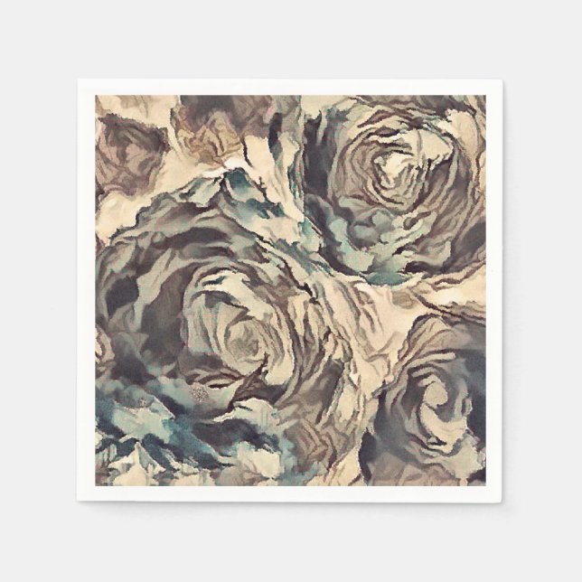 Abstract art brush textured roses print brown beig napkin (Front)
