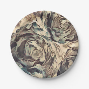Abstract art brush textured roses print brown beig paper plate