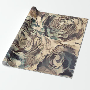 Abstract art brush textured roses print brown beig wrapping paper