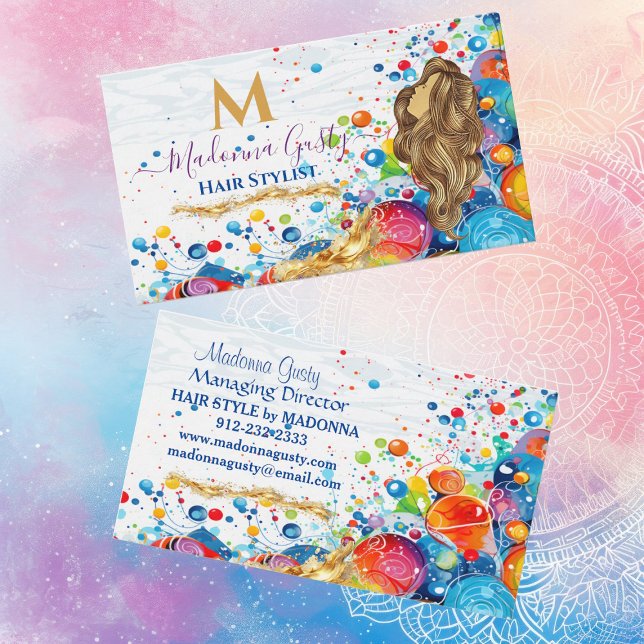 Abstract Art Bubbles Golden Monogram Hair Stylist  Business Card (Abstract Art Bubbles Golden Monogram Hair Stylist Business Card)