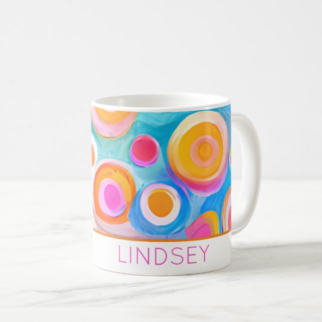 Abstract Art Circles Colourful NAME Fun Happy Coffee Mug (Front Right)