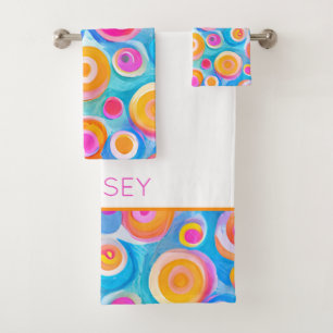 Abstract Art Circles NAME Bright Colours Fun Bath Towel Set