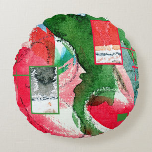 abstract art collage, mixed media and watercolor 2 round cushion