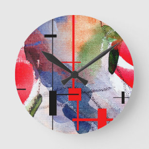 abstract art collage, mixed media and watercolor round clock