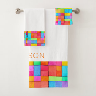Abstract Art Colourful Watercolors Kids Name Fun Bath Towel Set