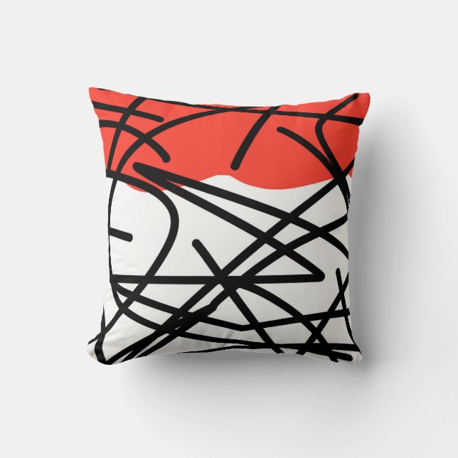 Abstract Art Coral Red Black White Cushion (Front)