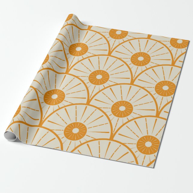 Abstract Art Deco Sun Pattern Orange  Wrapping Paper (Unrolled)