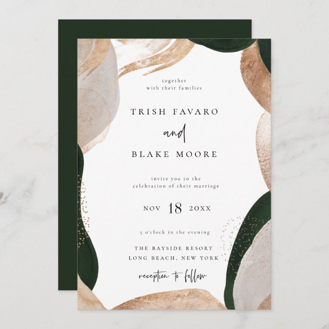 Abstract Art Frame Green Gold Wedding Invitation (Front/Back)
