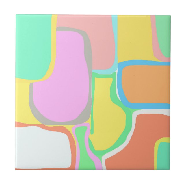 Abstract Art Grey White Yellow Turquoise Pastel Ceramic Tile (Front)