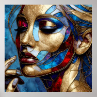 Abstract art in stained glass of a woman's face