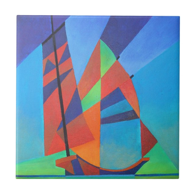 Abstract Art Junk Boat Against Deep Blue Sky Ceramic Tile (Front)