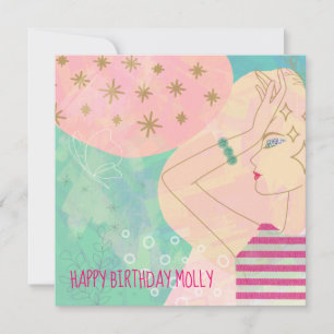 Abstract Art Line Drawing Face Teal Happy Birthday