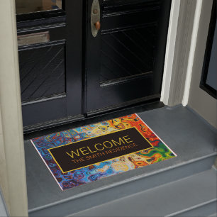 Abstract Art Modern Yellow Orange Blue Name Doormat