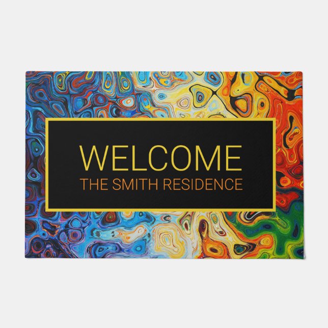 Abstract Art Modern Yellow Orange Blue Name Doormat (Front)