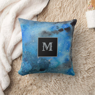 Abstract Art Monogram Blue Black Watercolor Cushion