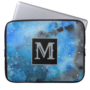 Abstract Art Monogram Blue Black Watercolor Laptop Sleeve