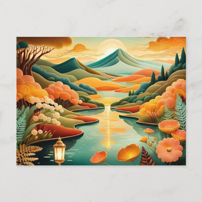 Abstract art mountain forest lake landscape postcard (Front)