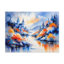 Abstract art mountain lake landscape