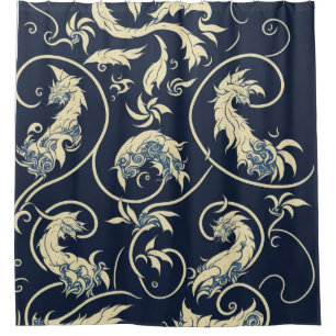 abstract art navy bkue and intricate minimal art shower curtain