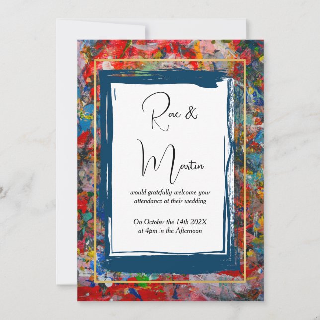 Abstract Art - Paint- Blue and Gold Frames Wedding Invitation (Front)