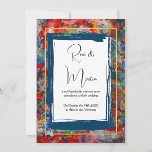 Abstract Art - Paint- Blue and Gold Frames Wedding Invitation