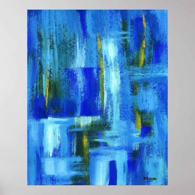 Abstract Art Painting Blue Green Gold Brushstrokes Poster (Front)