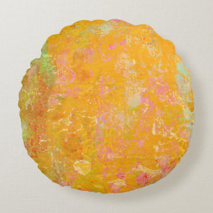 Abstract Art Painting Orange Yellow Pink Red Green Round Cushion