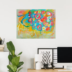 Abstract Art Painting Red Aqua Floral Flowers Poster