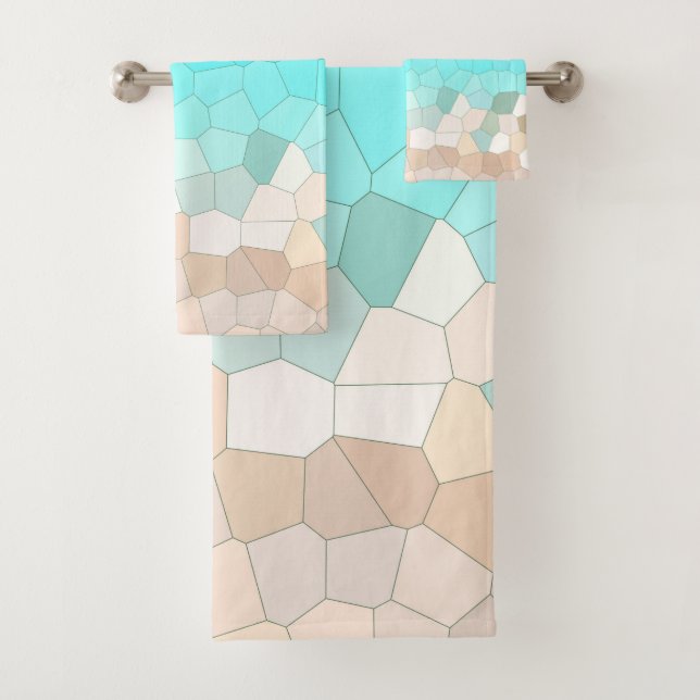 Abstract Art Pale Turquoise Beige Coral Pink Bath Towel Set (Insitu)