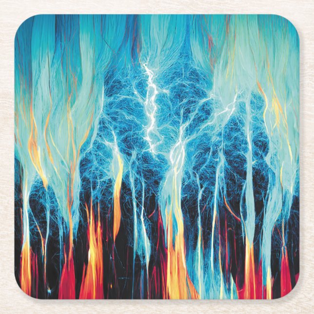 Abstract Art Pattern Red and Blue Electric Energy Square Paper Coaster (Front)