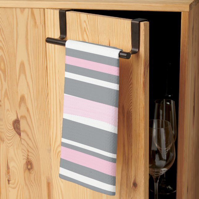 Abstract Art Pink Grey White Lines Tea Towel (Thirds Fold)