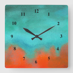 Abstract Art Sky Fire Lava Coral Turquoise Orange Square Wall Clock