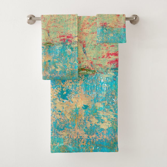 Abstract Art Texture Painting Turquoise Red Green Bath Towel Set (Insitu)