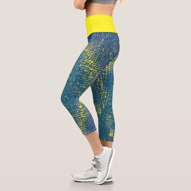 Abstract Art Texture Pale Blue Yellow Capri Leggings (Left)