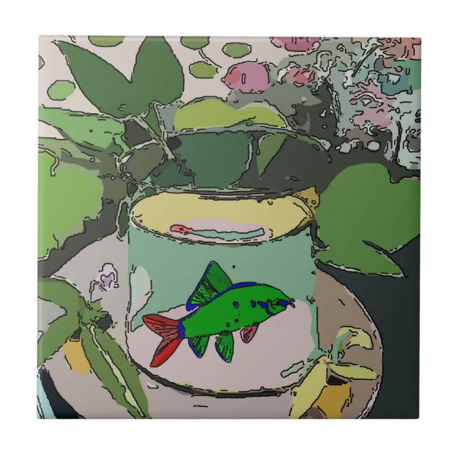 Abstract Art  Tiles, Green fish in bowl, Ceramic Tile (Front)